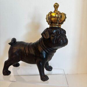 American English French Pug Dog with Golden Crown 9" Tall Dark Brown Resin Figur